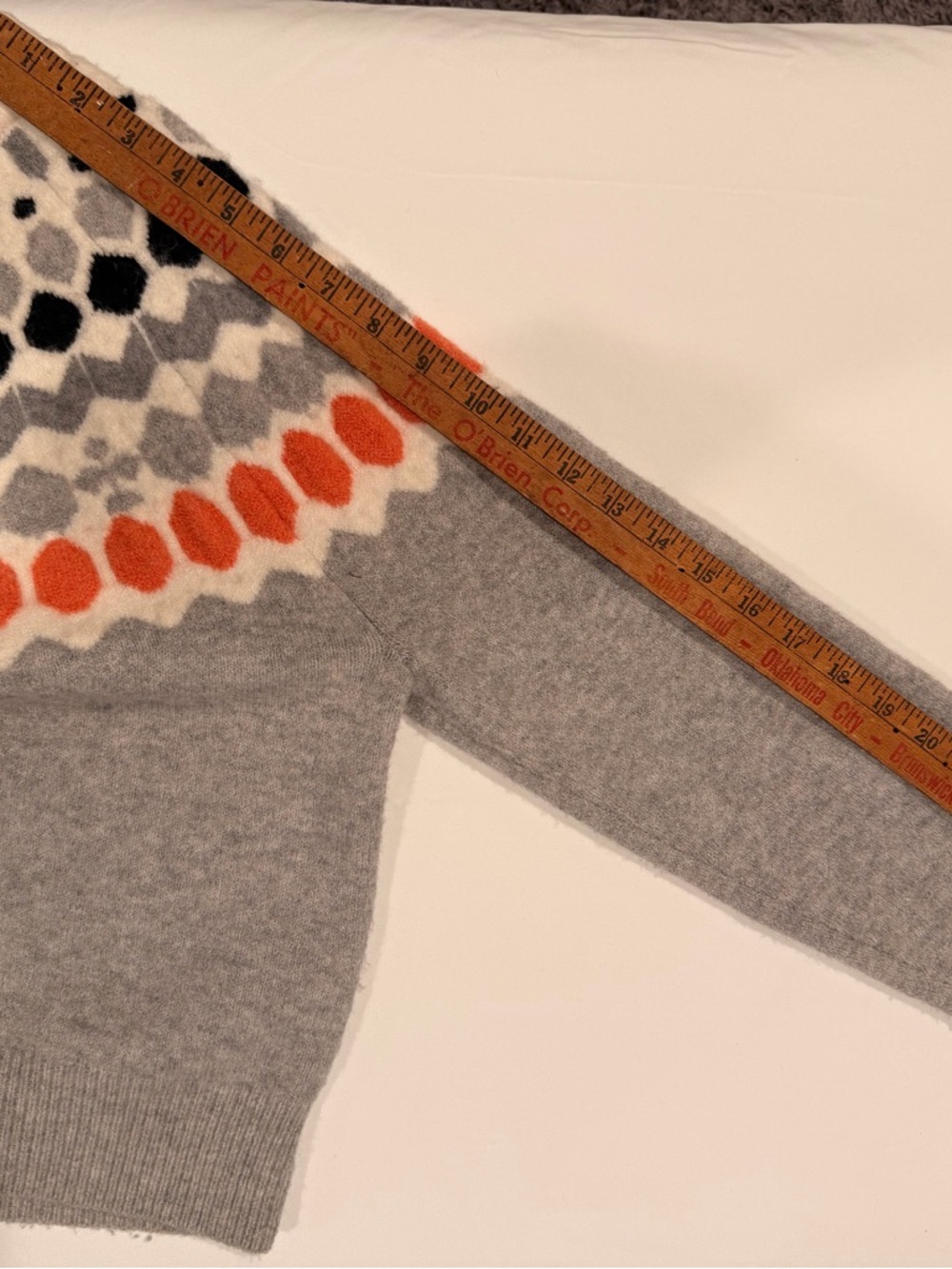 Club Monaco Gray Fair Isle Crewneck Sweater with Orange and Black Accents - Picture 8 of 10